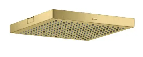 Große, flache Kopfbrause aus gebürstetem Messing mit rechteckigem Design und perforierter Oberfläche, hergestellt von AXOR.